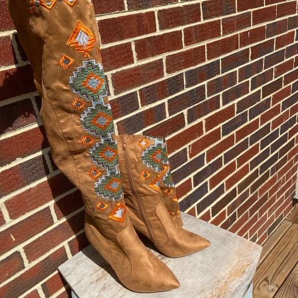 Shoes - Tan knee high Tribal printed boots